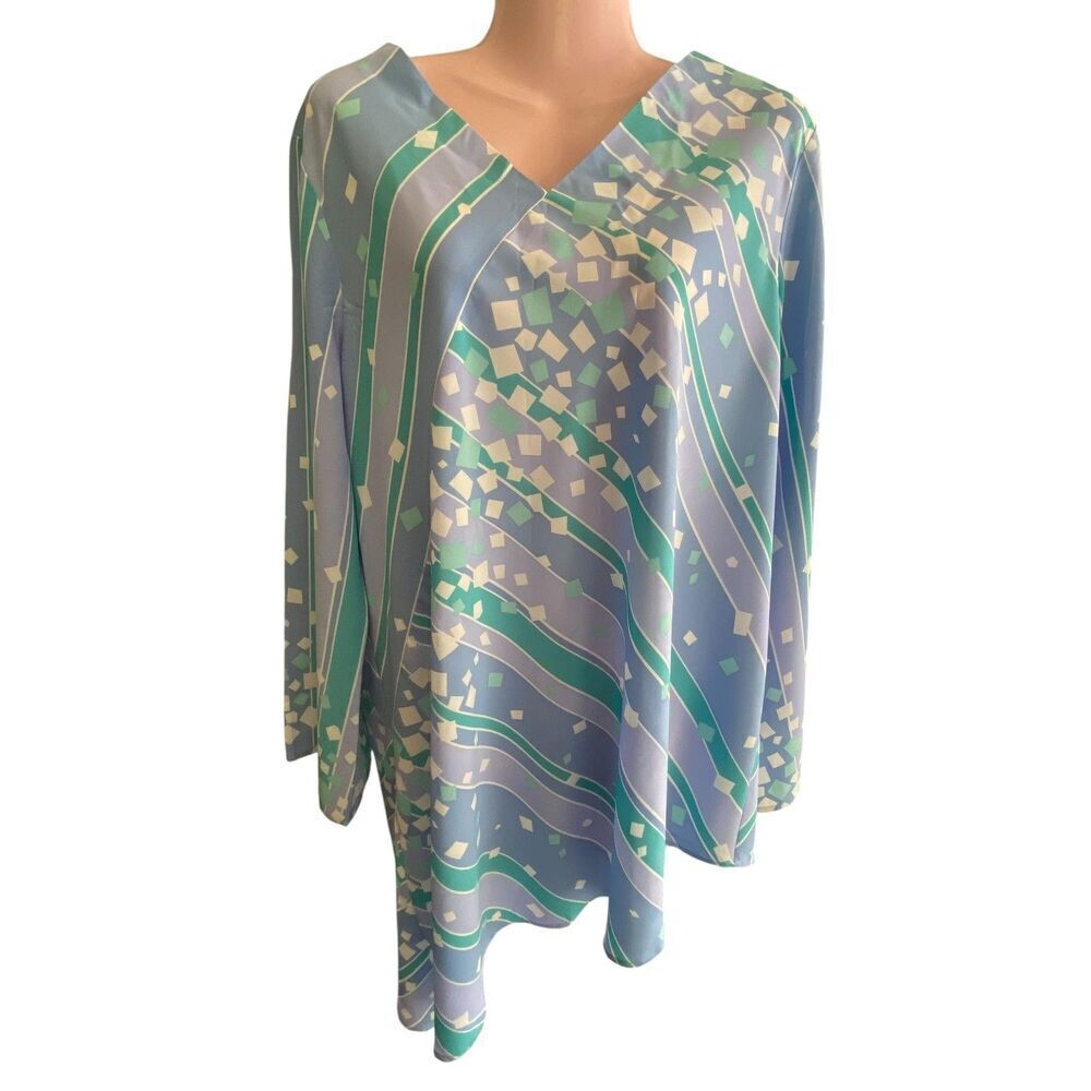 Bob Mackie Wearable Art Tunic Womens 1X Blue Green Abstract Asymmetrical Hem Top